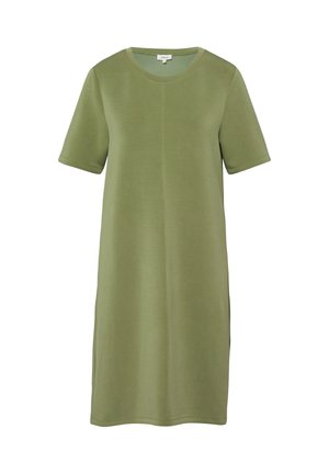 Short olive green dress with short sleeves, round neckline, and relaxed fit, displayed on a white background.