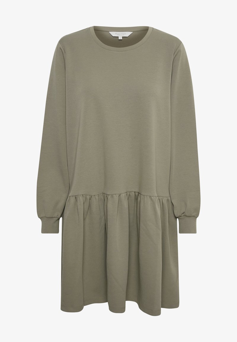 Long-sleeve, gray-green dress made of soft fabric, featuring a round neckline and a gathered, tiered hemline for added volume.