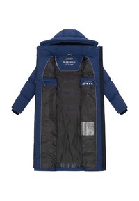 Navy blue padded winter jacket with hood, open to show black interior lining, inner pockets, and brand label "MARIKOO" inside.