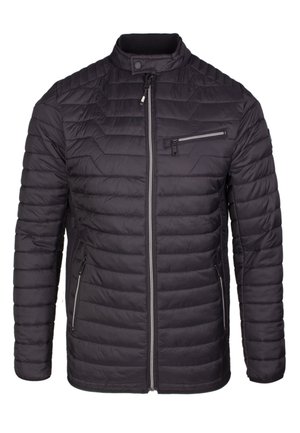 Veste noire matelassée avec col montant, fermeture éclair à l'avant, poches poitrine et latérales zippées, et motif de couture horizontal.