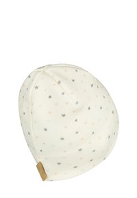 Cream beanie hat made of soft fabric, featuring a star pattern in gray, peach, and black. Includes a small brown leather tag at the brim.