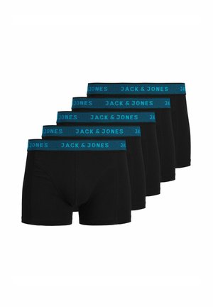 Sorte boxer shorts lavet af blødt stof med en bred elastisk kant, der har "JACK & JONES" i blå. Forsiden har en standard pasform og design.