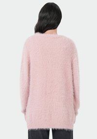 Fluffy roze trui met een losse pasvorm, lange mouwen en een ronde halslijn. Zachte textuur, rechte zoom en minimale details op de achterkant.
