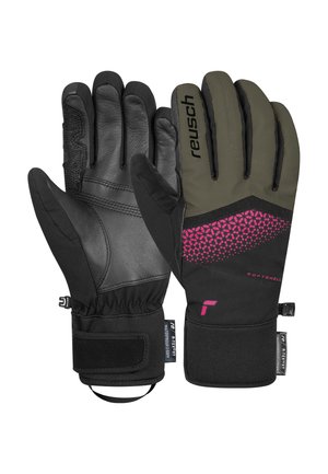 Schwarze und olivgrüne Handschuhe mit Lederhandfläche, Softshell-Material, elastischen Bündchen und pinken geometrischen Akzenten auf dem Handrücken.