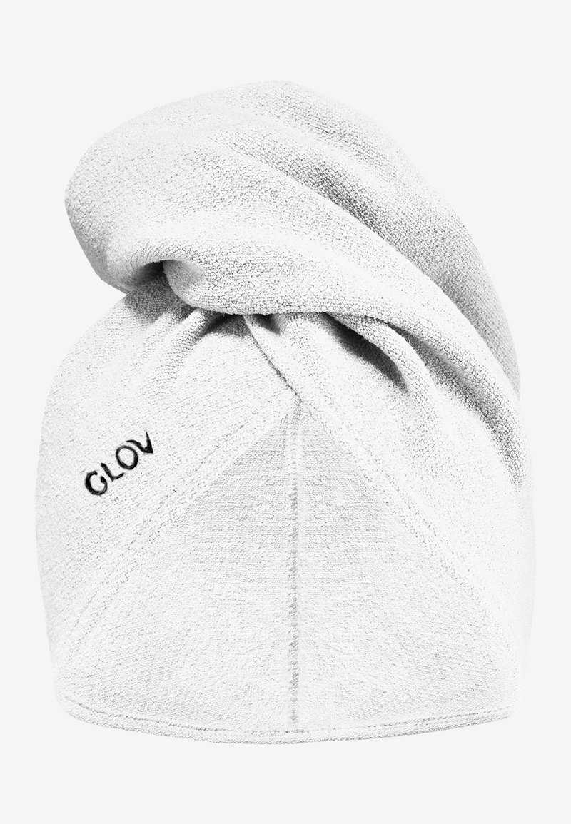 Asciugamano per capelli in microfibra bianco con design torcigliato e logo ricamato "GLOV." Texture morbida, adatto per asciugare i capelli rapidamente.