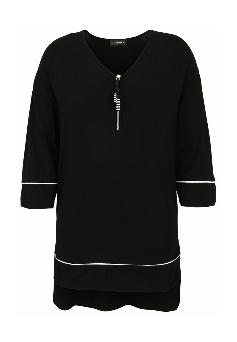 Schwarzes Kurzarmoberteil mit V-Ausschnitt und Reißverschlussdetail, verziert mit weißen Paspeln entlang der Ärmel und dem Saum, aus weichem Material gefertigt.