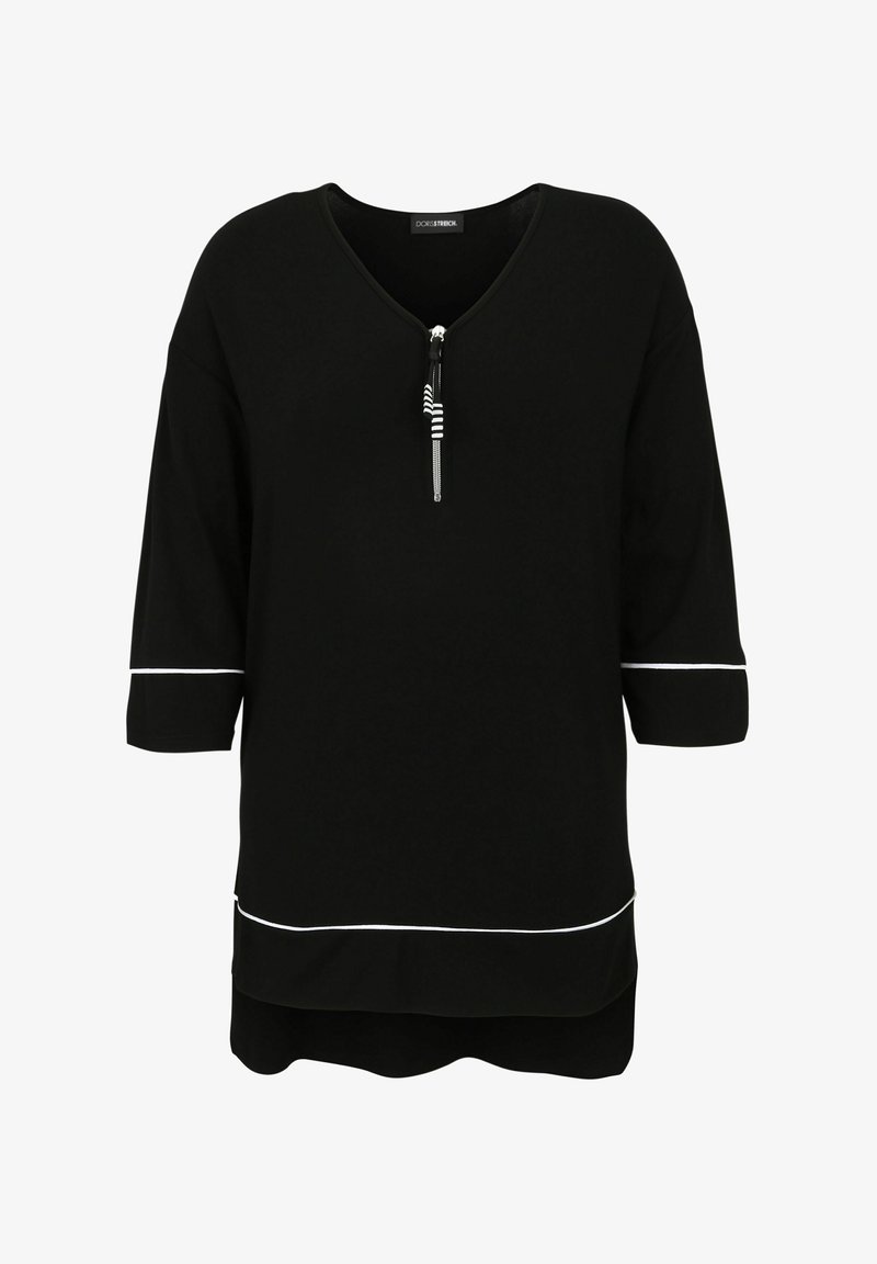 Schwarzes Kurzarmoberteil mit V-Ausschnitt und Reißverschlussdetail, verziert mit weißen Paspeln entlang der Ärmel und dem Saum, aus weichem Material gefertigt.