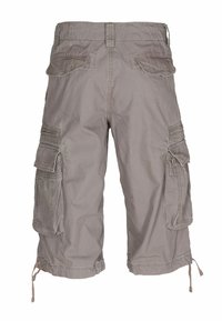 Pantaloni cargo grigi con molteplici tasche laterali, cordini regolabili all'orlo e un tessuto morbido e texturizzato. Include tasche posteriori.