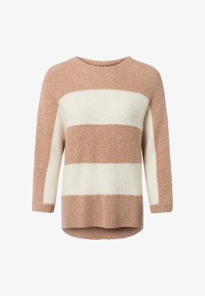 Trui gemaakt van zacht gebreid materiaal met afwisselend lichtbruin en crèmekleurige horizontale strepen, met een ronde halslijn en geribbelde zoom.