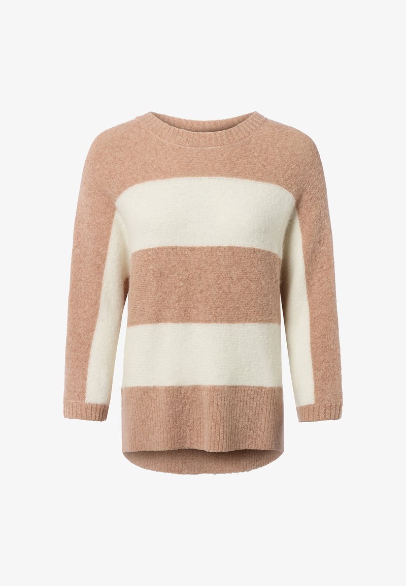 Pullover aus weichem Strickstoff mit abwechselnden hellbraunen und cremefarbenen horizontalen Streifen, rundem Halsausschnitt und geripptem Saum.