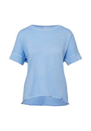 Hellblaues, kurzärmeliges Freizeitoberteil mit rundem Ausschnitt, aufgekrempelten Ärmeln und einem leicht geschwungenen Saum mit kleinem Seitenschlitz.