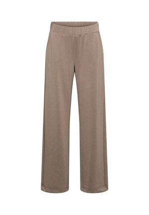 Taupe wijde broekspijpen met elastische tailleband en zijzakken, gemaakt van zachte, lichtgewicht stof.