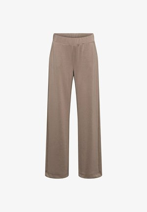 Taupe wijde broekspijpen met elastische tailleband en zijzakken, gemaakt van zachte, lichtgewicht stof.