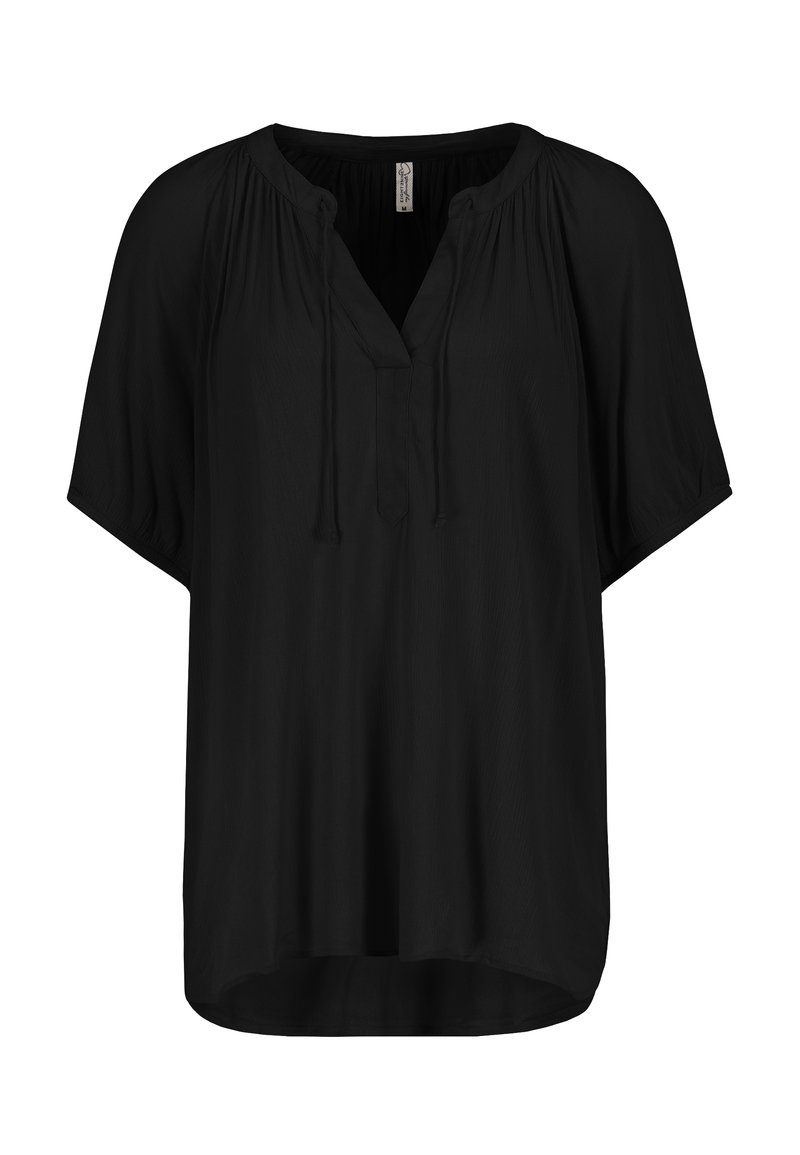 Schwarze kurzärmelige Bluse mit V-Ausschnitt und Kordelzugdetails. Hergestellt aus leichtem Stoff mit entspannter Passform und abgerundetem Saum.