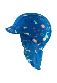 Blue cap made of soft fabric with a space-themed print featuring rockets, planets, and stars. Includes a neck flap for sun protection.
