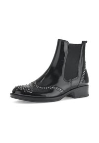 Botine negre din piele lacuită, cu panouri laterale elastice, ținte metalice decorative, vârf rotund și toc mic.