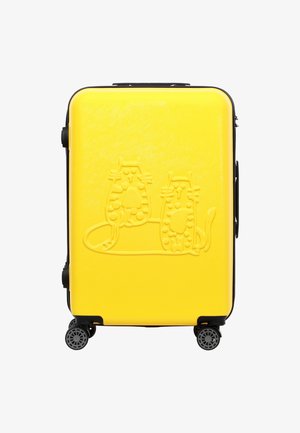 Hard-shell yellow suitcase featuring an embossed design of two cats. It has four black wheels and a textured surface for grip.