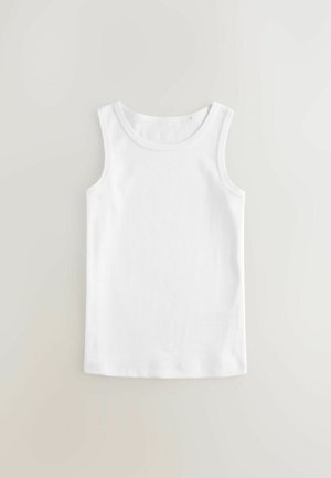 Débardeur blanc sans manches en coton. Présente un col rond, une texture lisse et un ourlet soigneusement cousu. Sans motifs ni graphiques.