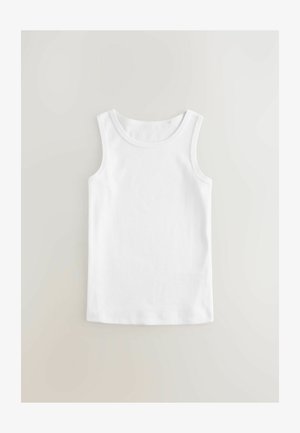 Top senza maniche bianco in cotone. Presenta un collo rotondo, una texture liscia e un orlo ben cucito. Nessun motivo o grafica.