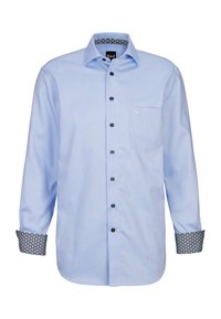 Himmelblaues Langarmhemd mit Button-Down-Kragen, schwarzen Knöpfen und gemusterten Manschetten mit geometrischem Design. Mit einer Brusttasche.