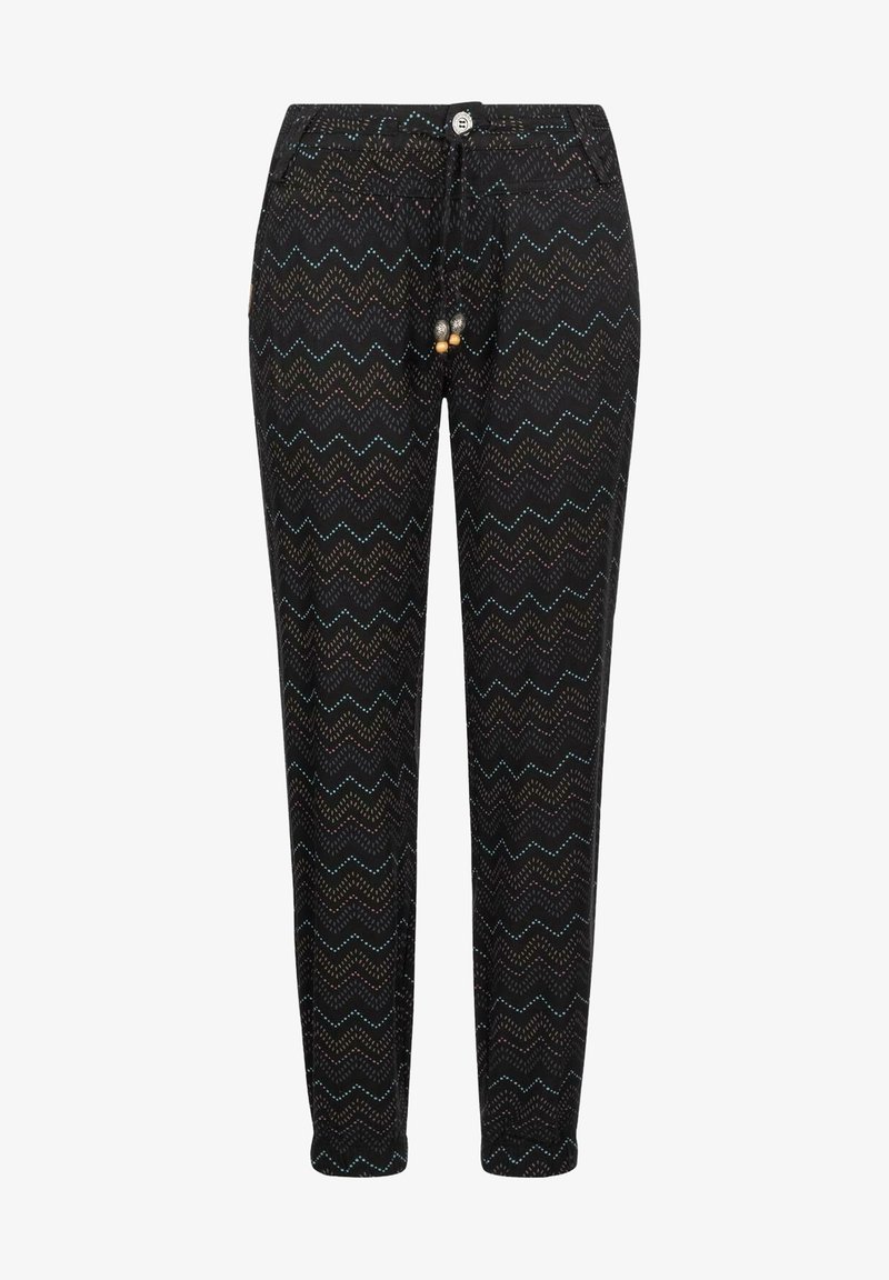 Pantalon noir fuselé avec un motif en pointillés zigzag bleu, beige et marron, avec une taille élastique et des perles décoratives sur le cordon.