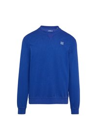 Felpa blu con maniche lunghe, polsini e orlo a costine, collo rotondo e logo discreto sul petto. Tessuto morbido con una texture liscia.