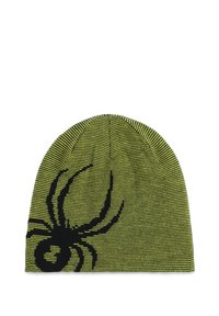 Gorro de lana verde con un diseño de araña negra. La tela tiene una apariencia texturizada con un patrón acanalado. La parte superior es ligeramente cónica.
