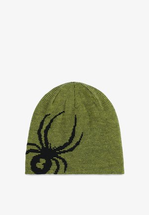 Berretto lavorato a maglia verde con un design di ragno nero. Il tessuto ha un aspetto testurizzato con un motivo a coste. La parte superiore è leggermente conica.