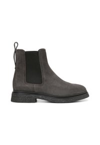 Bottine en daim gris avec des panneaux élastiques latéraux, semelle en caoutchouc texturée et languette au talon. Design classique de bottes Chelsea.