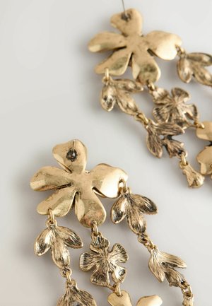 Gold-tone earrings with floral design, featuring a large flower at the top and cascading smaller flowers. Smooth and textured surfaces.