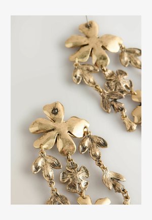 Gold-tone earrings with floral design, featuring a large flower at the top and cascading smaller flowers. Smooth and textured surfaces.