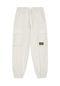 Pantaloni cargo grigi chiari con vita elastica, cordoncino, due tasche laterali e due tasche cargo con dettaglio etichetta nera.