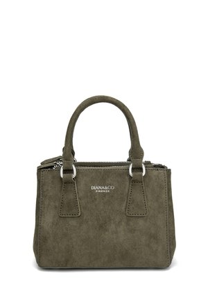 Sac à main en daim vert olive avec deux poignées, ferrures argentées, fermeture éclair et logo "DIANA&CO FIRENZE" sur le devant.