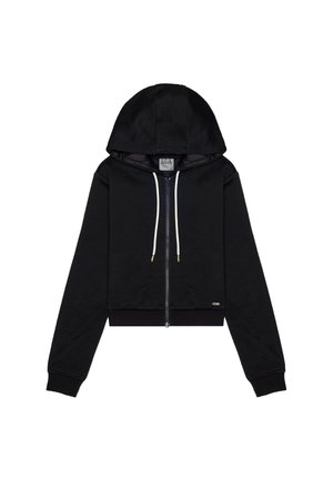 Felpa nera cropped con un motivo testurizzato, dotata di una zip frontale, stringhe bianche e dettagli in hardware color oro.