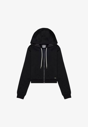 Felpa nera cropped con un motivo testurizzato, dotata di una zip frontale, stringhe bianche e dettagli in hardware color oro.