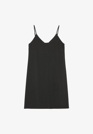 Czarna sukienka na ramiączkach typu slip z cienkimi regulowanymi ramiączkami spaghetti i dekoltem w serek, do kolan, wykonana z gładkiego materiału.