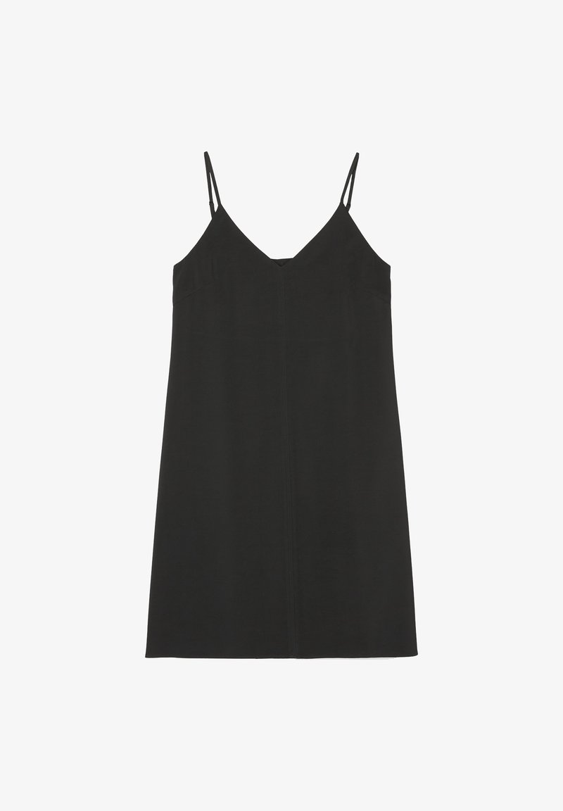 Robe noire sans manches avec fines bretelles spaghetti réglables et décolleté en V, longueur genou, en tissu lisse.