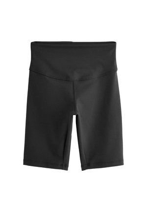 Juodi sportiniai šortai, pagaminti iš tamprios medžiagos, su plačiu juosmeniu ir lygia tekstūra, be kišenių ar papuošimų.