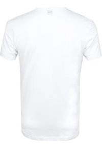 Witte katoenen t-shirt, ronde hals, korte mouwen, effen structuur, zonder noemenswaardige patronen of accenten. Alleen achteraanzicht.
