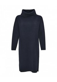 Mörkblå, långärmad klänning med hög cowl-hals, tillverkad av mjukt stickat material, med en avslappnad passform och knäkort längd.