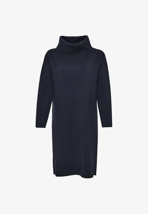 Robe bleu marine à manches longues avec un col drapé haut, faite en matériau tricoté doux, présentant une coupe décontractée et une longueur au genou.