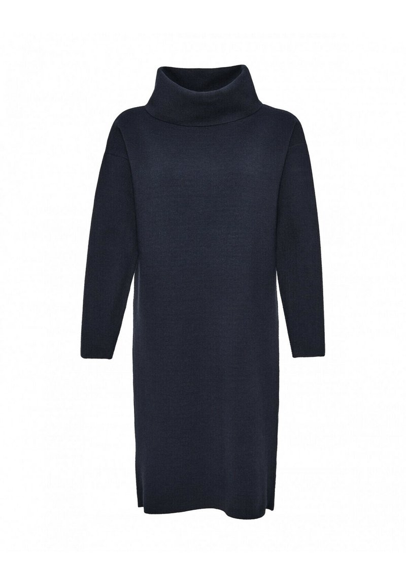 Mörkblå, långärmad klänning med hög cowl-hals, tillverkad av mjukt stickat material, med en avslappnad passform och knäkort längd.