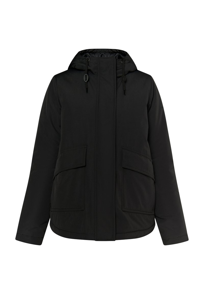Czarna kurtka z kapturem, z zamkiem z przodu, dwiema dużymi kieszeniami z przodu i regulowanymi sznurkami. Gładka tkanina o lekko wypełnionej fakturze.