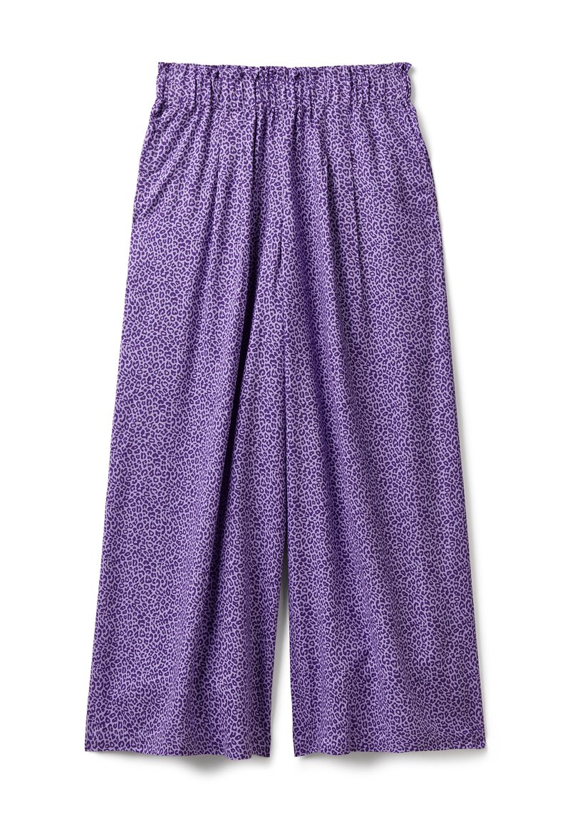 Pantalons larges violets avec un motif léopard. Présentent une taille élastique et une coupe ample, fabriqués en tissu léger.
