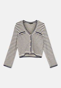 Skórzana kardigan o długich rękawach, z granatowymi, kremowymi i beżowymi poziomymi paskami, z perłowymi guzikami oraz dwoma małymi kieszeniami z przodu.