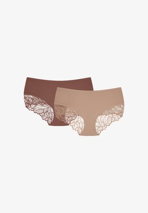 Two seamless women's panties in brown and beige, each featuring floral lace detailing on the leg openings.