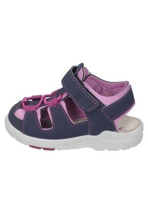 Kinderen navy en roze open teen sandalen met klittenbandsluitingen en witte rubberen zool, ontworpen voor comfort en casual gebruik.