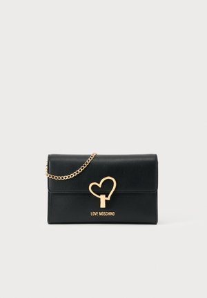Black faux leather wallet with a gold heart-shaped clasp and chain strap. Features the brand name "LOVE MOSCHINO" embossed on the front.