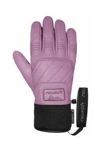 Rosa Skihandschuh aus Leder mit quiltetem Design, schwarzem Bündchen und Logo-Patch. Verfügt über einen sicheren Riemen für eine verstellbare Passform und Wärme.