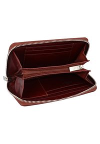Portafoglio in pelle rossa con chiusura a zip. Presenta più slot per carte, un comparto con zip e una texture interna liscia.